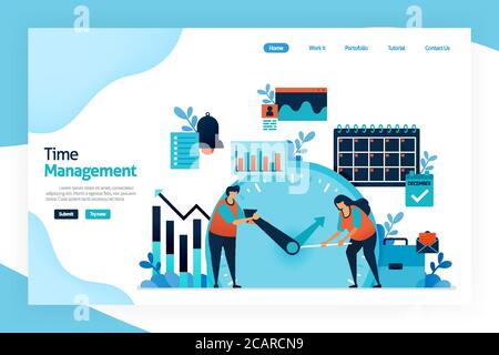 Landing page of Time management. planning, strategy control of time spent in activities. increase effectiveness, efficiency, and productivity on work, Stock Vector