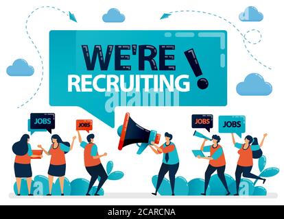 Publicist holds a megaphone and announces we're hiring. Job seekers applying for jobs. Employment opening, recruitment agencies ads. Vector illustrati Stock Vector