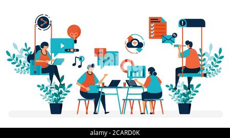 Brainstorming to solve problem. Startup office with swing. Modern workplace or coworking space. Play and work. Flat vector illustration for landing pa Stock Vector