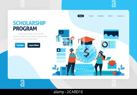 vector illustration of scholarship education program, learning abroad. financial funds and study loans for education. academic achievements, school co Stock Vector