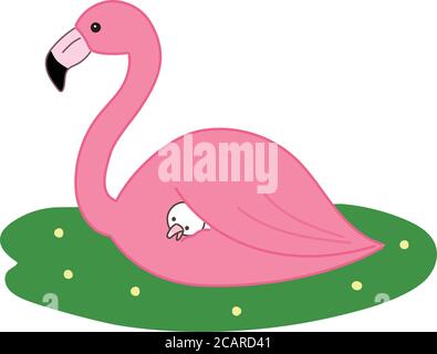 Pink flamingo and a baby bird. Vector illustration isolated on white background. Stock Vector