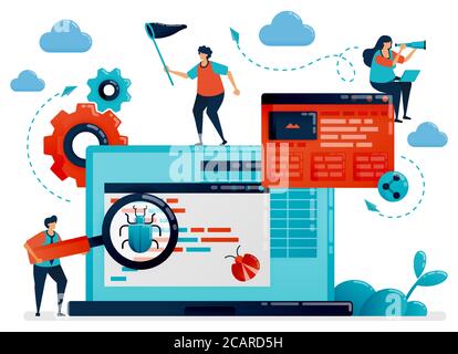 Application development process for testing and debugging. Antivirus software for catching bugs. Debugging, programming and coding to create apps. Pro Stock Vector