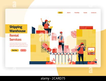 welcome page website for warehousing rental service companies, delivery transit, ports, aircraft cargo and public transportation. warehouse with box p Stock Vector