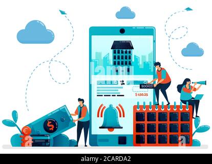 Reservation, booking, order, purchases for hotel room and apartment. Mobile apps services for traveling and trip. Flat character vector illustration f Stock Vector