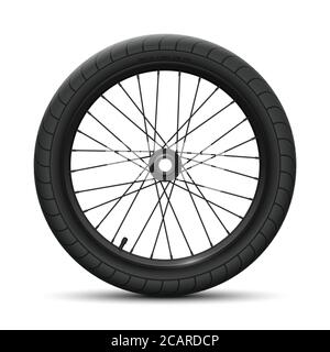 Black front wheel bicycle BMX. Sports tire with universal road tread and marking, rim, spokes, valve and hub. Vector illustration of bike parts Stock Vector