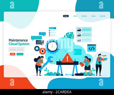 homepage landing page vector flat illustration of maintenance cloud system. repair and maintenance of storage technology. security system in digital b Stock Vector