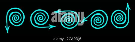 Set of blue figure arrows in form of swirls in different directions on black background for the design of websites, articles, banners and templates. Stock Vector