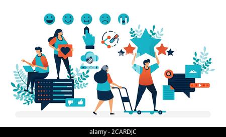 User satisfaction rating. Fill opinions with emoticons and give star feedback, share, like & comments. Flat vector illustration for landing page, web, Stock Vector