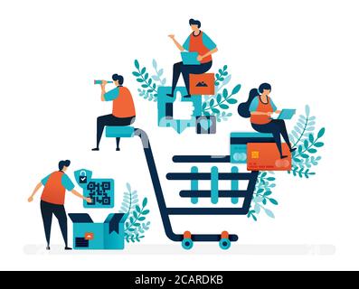 Shopping experience of finding products, making payments and delivery services. Big shopping cart. Flat vector illustration for landing page, web, web Stock Vector