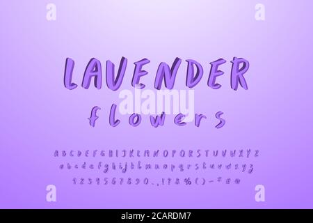 Hand drawn paintbrush alphabet. Original 3D vector font, lavender colors. Uppercase and lowercase letters, numbers, signs. Lilac-lavender gradient col Stock Vector