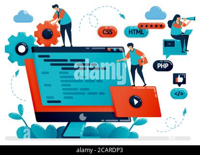 Designing program, web, apps on monitor screen or desktop. Teamwork in developing programming. Debugging development process. Vector illustration for Stock Vector