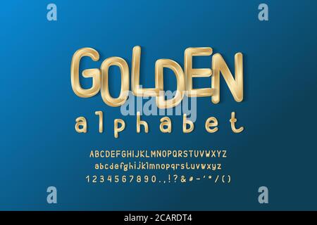 Elegant golden alphabet. Uppercase and lowercase letters, numbers. Thin condensed vector font, gold color gradient. Navy blue gradient background. Stock Vector