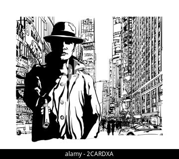 Gangster with a gun in Manhattan New York city - vector illustration (Id eal for printing on fabric or paper, poster or wallpaper, house decoration) Stock Vector