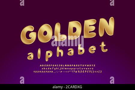 Golden alphabet. Elegant vector font, uppercase and lowercase letters, numbers, punctuation marks, currency symbols. Dark violet gradient background. Stock Vector
