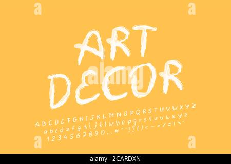 Alphabet brush design, white yellow color. Uppercase and lowercase letters, numbers and punctuation marks. Italic oblique lettering font. Stock Vector