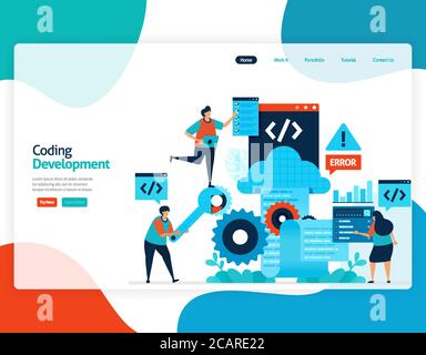 homepage landing page vector flat illustration of coding development. repair and maintenance of cloud storage technology. security system in digital b Stock Vector