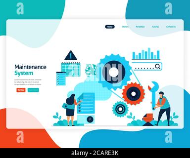 homepage landing page vector flat illustration of maintenance system. repair and maintenance of cloud storage technology. security system in digital b Stock Vector