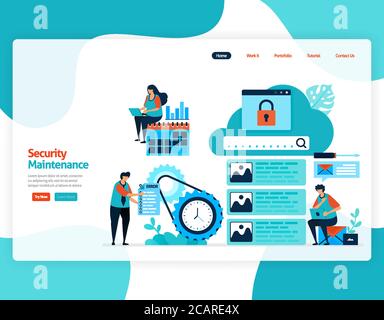 homepage landing page vector flat illustration of security maintenance. repair and maintenance of cloud storage technology. security system in digital Stock Vector