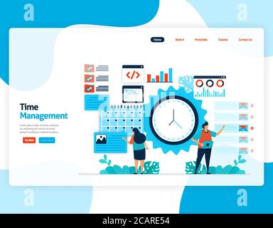 Landing page vector of time management and scheduling jobs project, Plan and manage work on time, Lack of time in business, Work with time. Illustrati Stock Vector