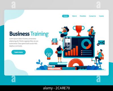 Vector illustration for business training landing page. Business and entrepreneurship seminar. Read statistic for strategy analysis. Graph and account Stock Vector