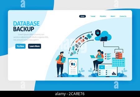 Backup database landing page design. secure personal data with internet backup services to cloud and server. data center and network system. vector il Stock Vector