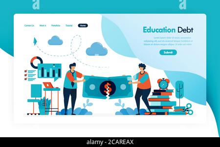landing page for tuition fees, education debt, scholarship loan, torn of money, budget for learning and university, financial donation and charity for Stock Vector