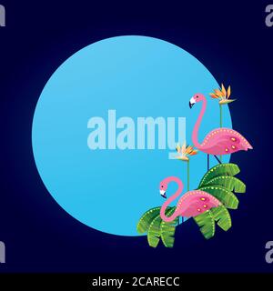 Simple round frame with flamingo birds and tropical plant drawing, with bird of paradise flower. Stock Vector