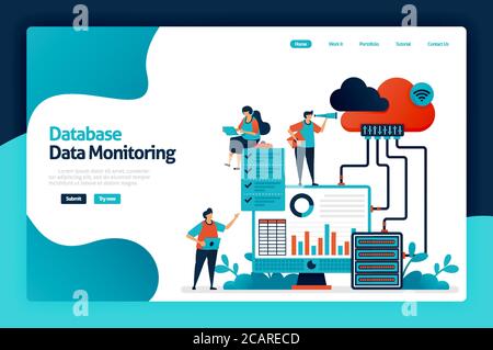 Database data monitoring landing page design. maintain user data security and protection. analysis and statistics of user behavior chart. vector illus Stock Vector