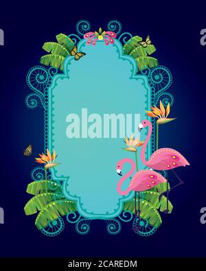 Intrigue frame with flamingo birds and tropical plant drawing, with bird of paradise flower and butterflies flying around. Stock Vector