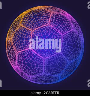 Soccer ball colorful wireframe grid. Futuristic sports poster template. Football vector illustration. Glowing neon ball net. Stock Vector