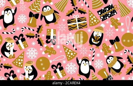 Christmas seamless pattern with penguins on pink background. Girlish festive print. Vector illustration. Stock Vector