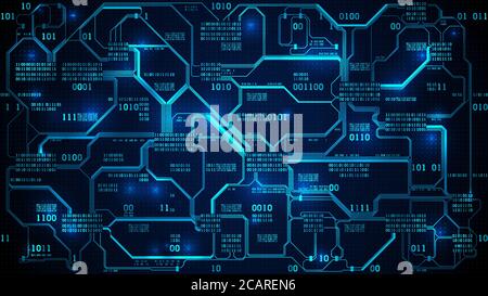 Abstract futuristic electronic circuit board with binary code, neural network and big data - an element of artificial intelligence, matrix background Stock Vector