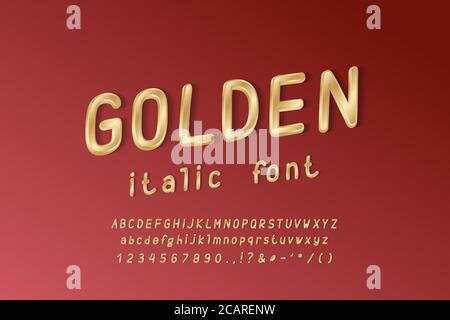 Elegant golden alphabet. Uppercase and lowercase letters, numbers. Thin condensed italic vector font, gold color gradient. Dark red gradient backgroun Stock Vector
