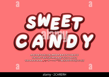 Sweet candy alphabet 3d fonts white red colors. Bold Italic typeface, uppercase and lowercase letters, numbers, symbols. Vector illustration. Stock Vector