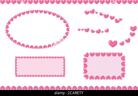 Set of heart-shaped pink frames. Vector illustration isolated on white background. Stock Vector