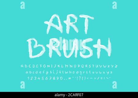 Paint brush alphabet white color on turquoise color background. Uppercase and lowercase letters, numbers and punctuation marks. Vector illustration. Stock Vector