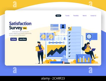 landing page vector flat design illustration of satisfaction surveys with emoticons for business service improvement, by analyzing the user habit. for Stock Vector