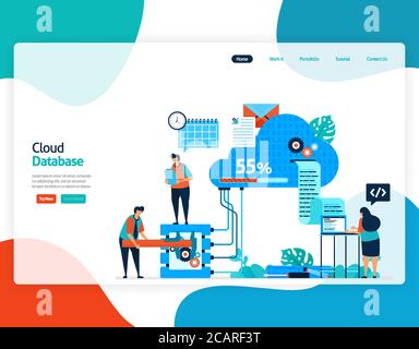homepage landing page vector flat illustration of cloud database. repair and maintenance of cloud storage technology. security system in digital backu Stock Vector
