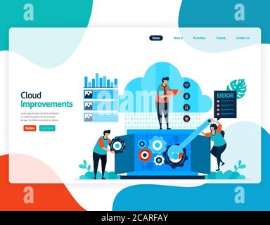 homepage landing page vector flat illustration of improvements cloud . repair and maintenance of cloud storage technology. security system in digital Stock Vector