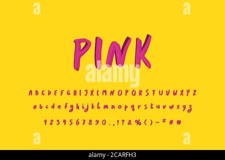 Hand drawn lettering alphabet. Abstract vector typeface, pink magenta colors. Uppercase and lowercase letters, numbers. Original 3D modern font. Stock Vector