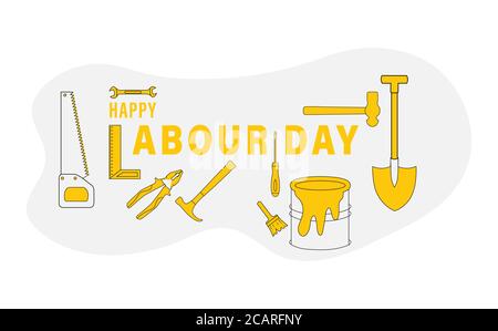 Happy Labour Day poster with different occupational tools such as hand hammer wrench saw and pliers. Vector Illustration. Stock Vector