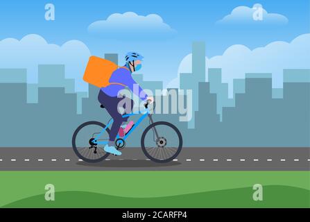 A delivery boy on cycle with backpack simple design on white background. Vector Illustration. Stock Vector