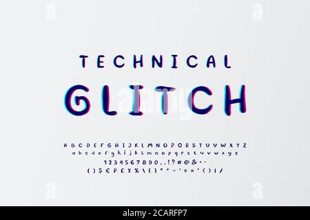 Technical glitch Alphabet. Hand drawn vector typeface with stereo effect. Uppercase and lowercase letters, numbers, marks. Abstract modern font, digit Stock Vector