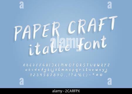 White paper italic alphabet. Flying 3D vector font, realistic paper cut out style. Uppercase and lowercase letters, numbers, punctuation marks and sym Stock Vector
