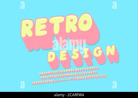 Retro style italic alphabet, long shadow vintage design. Pink yellow vector font, uppercase and lowercase letters, numbers, punctuation marks. Stock Vector
