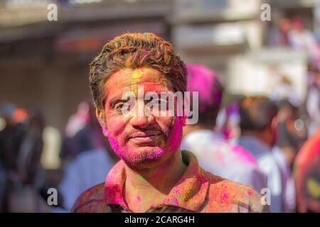 Holi Festival, celebrated in Udaipur, March 2020. Hindus celebrate the beginning of Spring, using colorful powder to to spread among each other Stock Photo