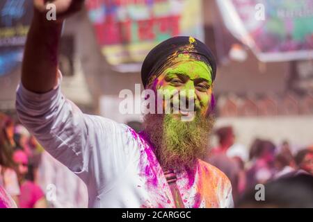 Holi Festival, celebrated in Udaipur, March 2020. Hindus celebrate the beginning of Spring, using colorful powder to to spread among each other Stock Photo