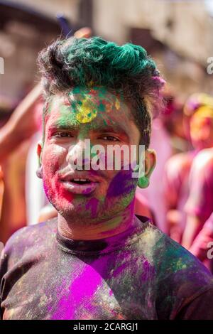 Holi Festival, celebrated in Udaipur, March 2020. Hindus celebrate the beginning of Spring, using colorful powder to to spread among each other Stock Photo