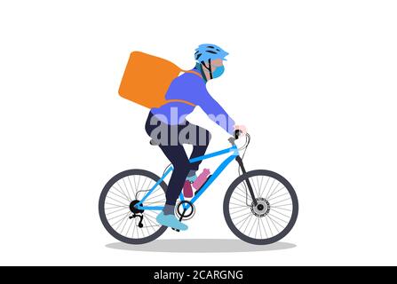 A delivery boy on cycle with backpack simple design on white background. Vector Illustration. Stock Vector