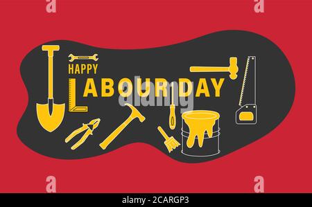 Happy Labour Day poster with different occupational tools such as hand hammer wrench saw and pliers. Vector Illustration. Stock Vector